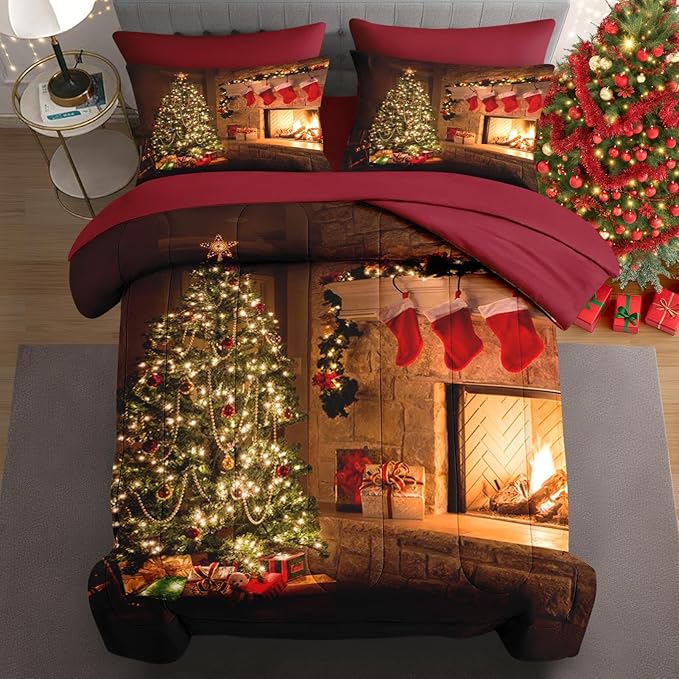 7 Pcs Queen Size Christmas Comforter Set with 2 Pillowcases & 2 Shams, Vintage Fireplace Tree Bedding for Kids and Adults, Winter Holiday Red Socks Bed in a Bag with Flat Fitted Sheet