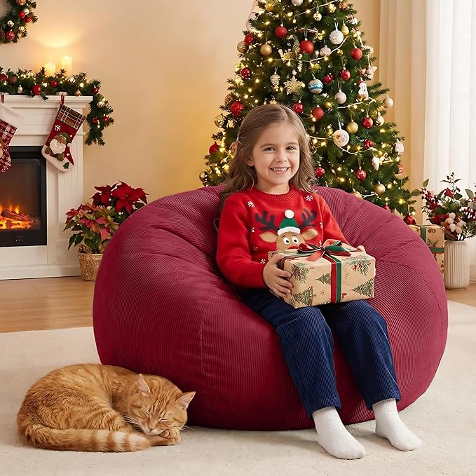 Nobildonna 3 ft Bean Bag Chair Cover (No Filler) 35"×43" Large Stuffed Animal Storage Bean Bag Washable Big Beanbag Chair Cover Premium Corduroy Bean Bag Cover for Adults,Kids,Wine Red 300L