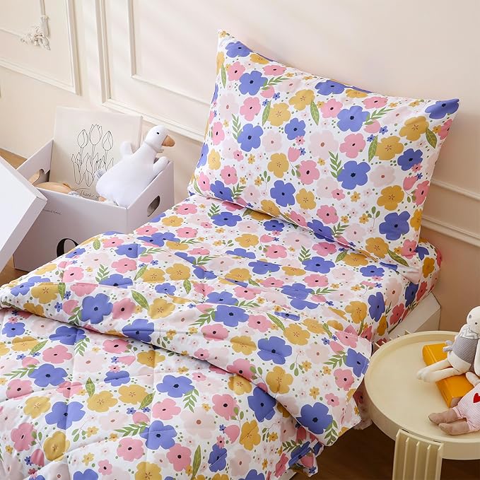 LONAVA Twin Kids Comforter Set - 4 Pieces Twin Bedding Sets for Boys Girls Children, Ultra Soft Microfiber Bed in A Bag with Flat Fitted Sheets, Flower