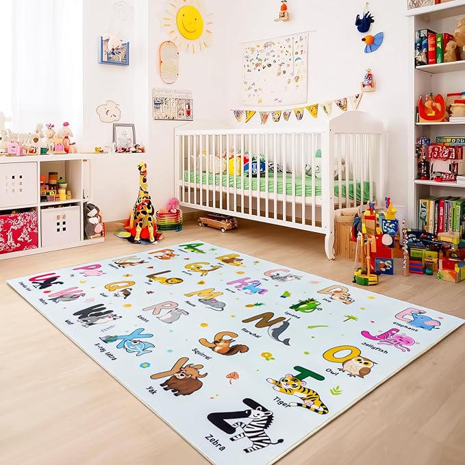 Kids Rugs for Playroom, 8x10 Ft Educational Rug for Learn The ABC Alphabet, Soft Machine Washable Non-Slip Cute Cartoon Animals Carpet for Classroom Toddler Nursery Kids Room Decor, Blue