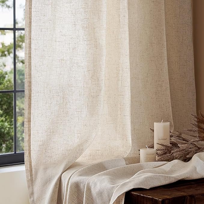 jinchan Beige Linen Blend Curtain 108 Inches Extra Long 1 Panel for Bedroom Living Room, Light Filtering 84 Inches Wide Natural Farmhouse Drape with Rod Pocket Back Tab (84W x 108L, Ecru)