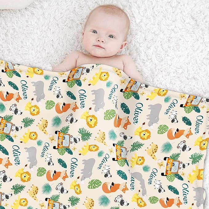 Custom Safari Animals Blanket Gift, Personalized Baby Blanket with Name, Soft Plush Flannel/Sherpa Fleece Throw Blankets for Toddler Kid Teen Boys Girls Color01