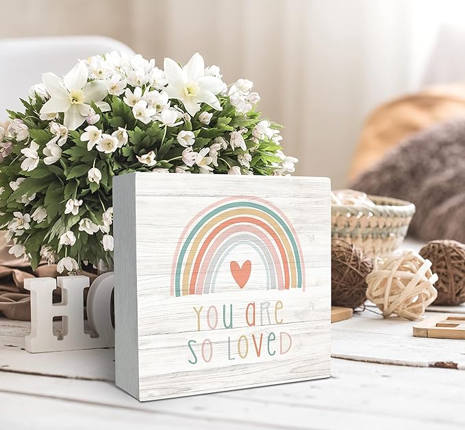 SRADMO You Are So Loved Rainbow Heart Wood Box Sign Desk Decor, Kids Inspirational Quotes Wooden Block Box Sign Decoration For Kids Room Nursery Playroom Shelf Table Decor