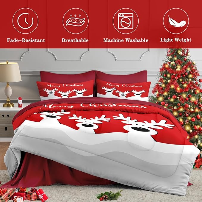 5 Pcs Twin Size Christmas Comforter Set with Pillowcase & Sham, Cute Cartoon Reindeer Bedding for Kids and Adults, Winter Merry Xmas Bed in a Bag with Flat Fitted Sheet