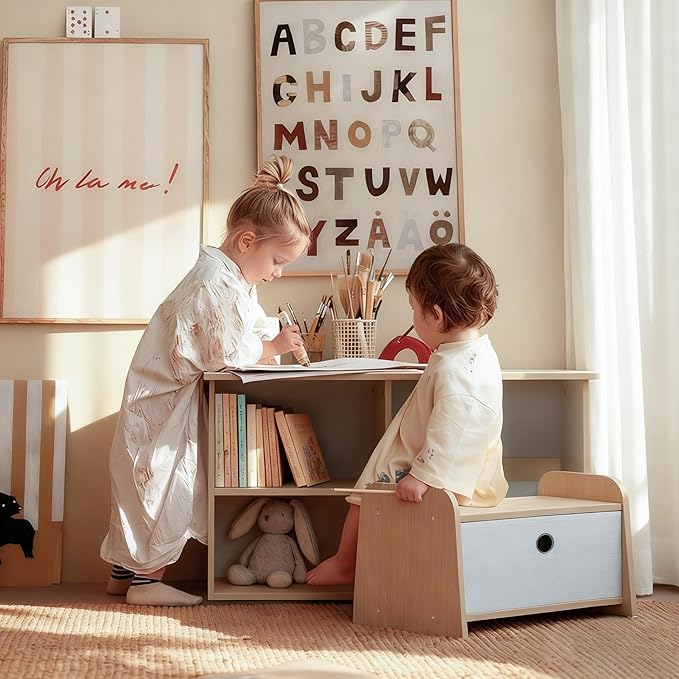 Kids Bookshelf with Bench, Toddler Table with Reading Nook, Montessori Shelf with Fabric Drawer, Toy Organizers and Storage for Kids Rooms, Nursery, Playroom, Bedroom, Natural