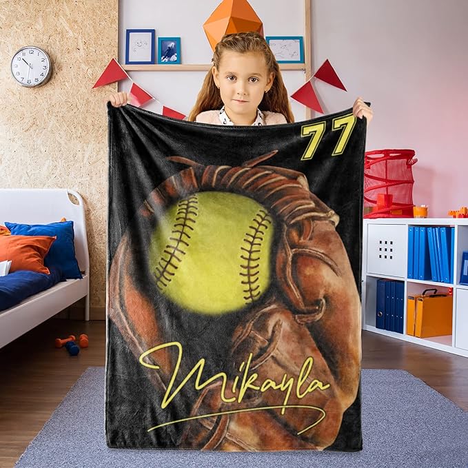 Personalized Baby Softball Blanket: Custom Bedding for Kids Soft Ball Throw Blankets - Perfect Newborn Gift Infant Swaddling Blanket with Name 30x40inch