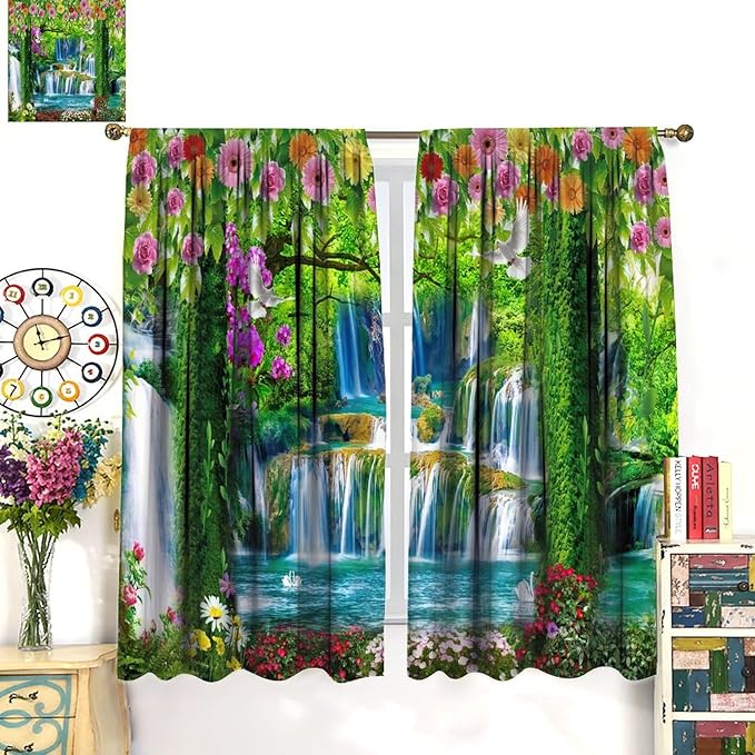 Jungle Nature Blackout Window Curtains, Trees Scenic Waterfall and River Spring Pattern Print Window Drapes, for Living Room Bedroom 42x45in 2 Panels
