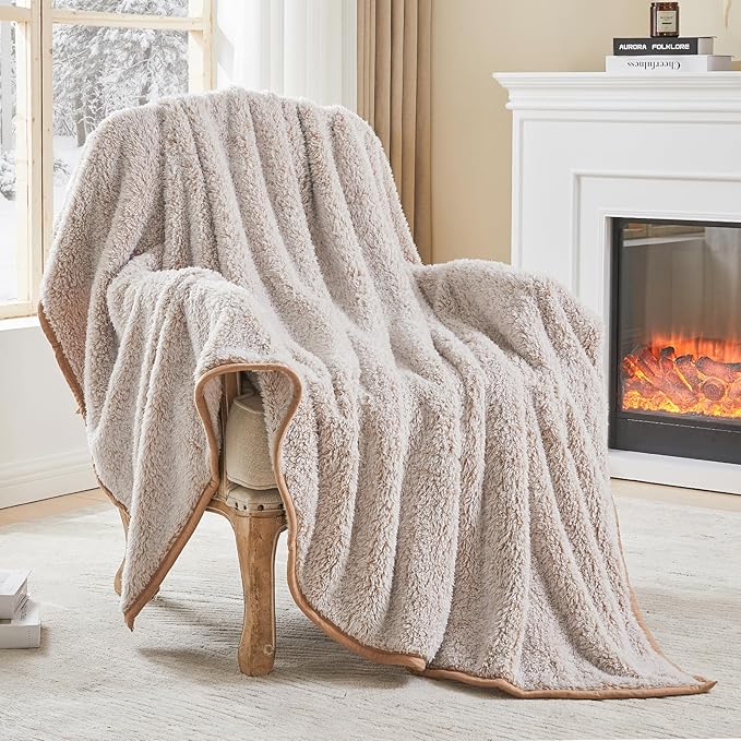 EMME Soft Sherpa Fleece Blanket Reversible Plush Fluffy Large Blanket, Light Weight Warm Decorative Boho Blanket Cover for Sofa, Couch, Bedroom,Travel(Plush Khaki,90"x90")