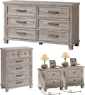 Farmhouse Bedroom Dresser and Nightstand Set of 4, 6 Drawer Tall & Low Dresser & 2 Drawer Nightstand Set, Rustic Wood Furniture Set for Bedroom, Hallway, Grey