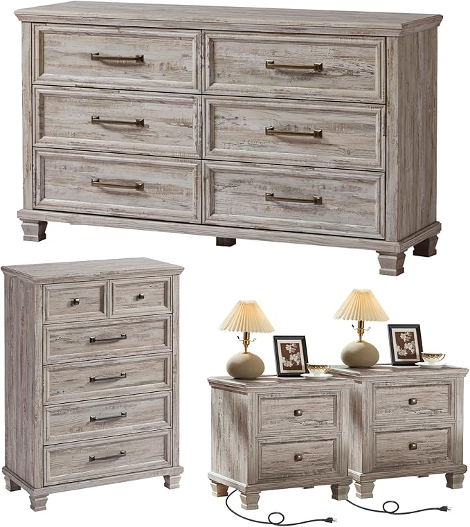 Farmhouse Bedroom Dresser and Nightstand Set of 4, 6 Drawer Tall & Low Dresser & 2 Drawer Nightstand Set, Rustic Wood Furniture Set for Bedroom, Hallway, Grey
