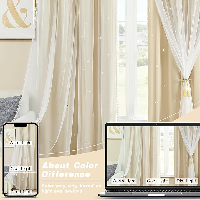 XiDi Beige Blackout Curtains for Bedroom 72 Inchs Long Room Darkening Double Layer Curtains Star Cut Out Design Grommet Drapes with Tiebacks for Girls Kids Living Room 34 x 72 Inches, Set of 2
