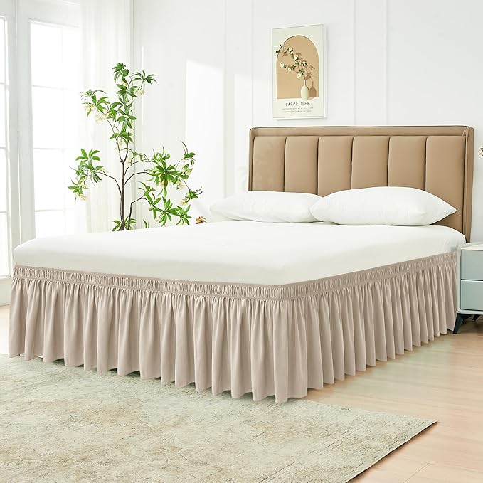Biscaynebay Wrap Around Bed Skirts for Queen Beds 22" Long Drop, Light Camel Adjustable Elastic Dust Ruffles Easy Fit Wrinkle Resistant Silky Luxurious Fabric Machine Washable