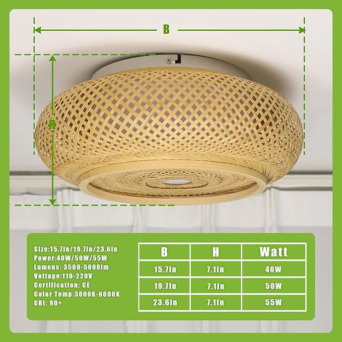 15.7 in Bamboo Woven Rattan-Style Ceiling Light, Boho Ceiling Light Fixture with Remote, LED Dimmable Ceiling Light, Boho Light Fixture for Bedroom Living Room Dining Room Light