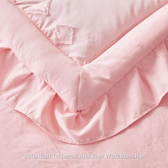 AIKASY Toddler Bedding Set 4 Pieces Super Soft Comforter Set, Shabby Boho Bohemian Design for Boys and Girls（Ruffle Fringe Comforter, Flat Sheet, Fitted Sheet and Pillowcase）- Coral Pink