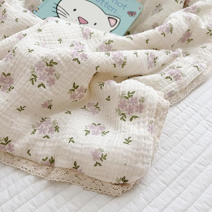 BuLuTu Purple Flower Baby Quilts for Kids Muslin Comforter Large Thin Summer Quilt for Crib/Cradle/Cot, 2-Layer Muslin Toddler Blanket Purple Perilla Pattern, 47x59 Inch