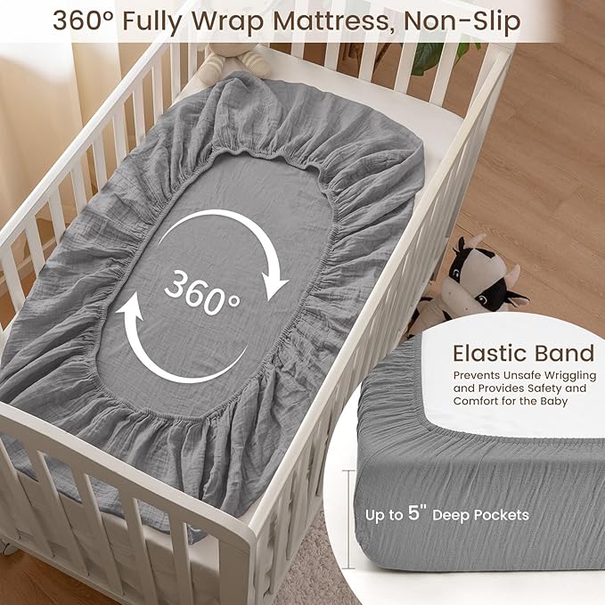 david's kids Muslin Mini Crib Sheets, 2 Pack Cotton Pack N Play Sheets for Boys Girls Neutral, Soft Breathable Baby Sheets Fit Pack N Play, Playard and Mini Crib Mattresses, Beige & Grey