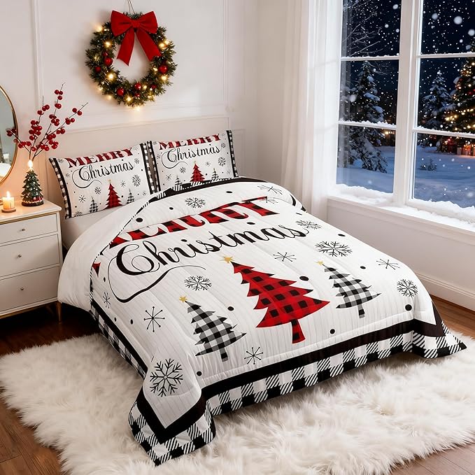 Merry Christmas New Year Kids Comforter Set Twin Size,Snowflake Pine Trees Bedding,Girls Boys Adults Bedroom/Xmas Cabin Decor,Grids Geometric Fashion Down Comforter,Rustic Duvet Insert,1 Pillowcase