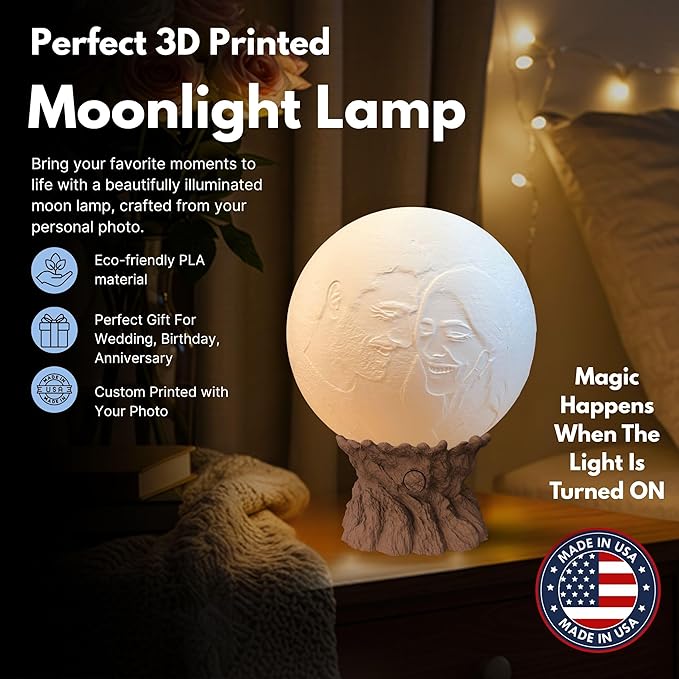 Personalized Couple Moon Lamp with Custom Photo & Text - 3D Printed Love Night Light - Custom Moon Lamp - Unique Gifts for Boyfriend, Girlfriend, Sisters, Bestfriend, Valentines Day, Birthday