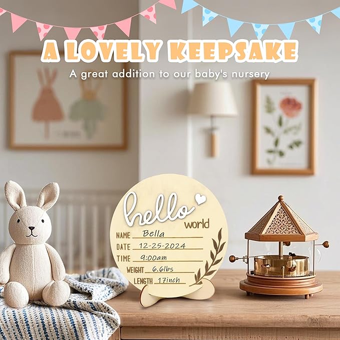 Hello World Newborn Sign, 5.9 Inch Baby Announcement Sign Welcome Board Wooden Name Birth Announcement Plaque for Baby Shower Photo Props Hospital Nursery