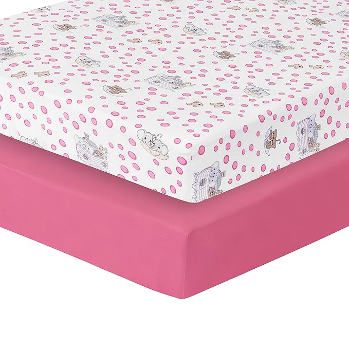 Precious Moments Noah’s Ark Fitted Crib Sheet 2 Pack for Baby Girl by Everyday Kids; 1 Animals on the Ark Printed Crib Sheet and 1 Solid Bright Pink; Adorable Wildlife Elephants, Giraffes, Bears Print
