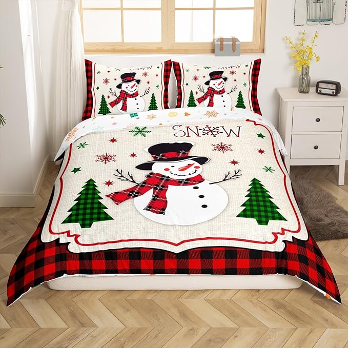 Manfei Cute Snowman Duvet Cover Set Queen Size, Xmas Trees Snowflake Comforter Cover with 2 Pillowcases, Christmas Theme Red Plaid Bedding Set 3pcs for Kids Girls New Year Bedspread Cover,No Comforter