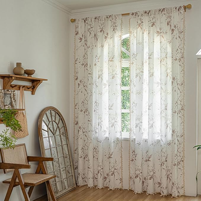 ENJOYBRIDAL Floral 96 Inch Curtains for Bedroom Cute Drapes Boho Semi Sheer Living Room Long Window Curtain Panels Retro Light Filtering Farmhouse Rod Pocket 2 Panels Window Treatments