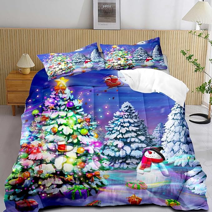 LUVIVIHOME 3PCS Christmas Comforter Set King Size, Cute Snowman Santa Claus Kids Bedding, Winter Xmas Merry Christmas Bedroom Decor for Boys Girls Teens, Xmas Gifts, 2 Pillow Shams