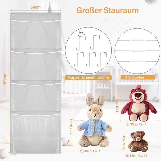 Hanging Stuffed Animal Storage, Over Door Large Plush Toy Organizer with Metal Hook, Baby Accessory Holder Idea for Nursery, Doll & Bear Mesh Hammock Bag for Girl Boy Kid Room