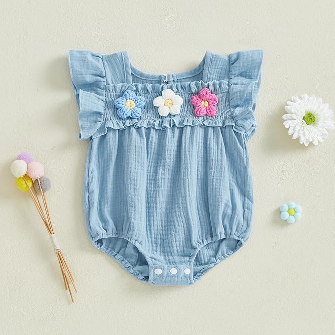 Gaono Newborn Baby Girl Smocked Bubble Romper Cute Boho Summer Clothes Ruffle Sleeveless Crochet Flower Vintage Bodysuit