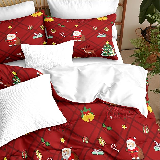 Christmas Duvet Cover Twin Size Red Gingham Christmas Bedding Set Kids Boys Girls Xmas Grid Checked Cartoon Deer Pattern Comforter Cover 2 Pcs with Zipper Closure (No Comforter)