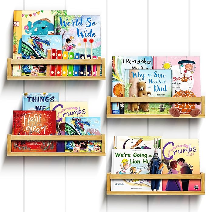 Ollieroo Set of Four Floating Book Shelves for Wall, Nursery Book Shelf for Kids Room, Bamboo Wood Hanging Bookshelf for Baby Teen Boys Girls, Wall Mounted Shelves for Bedroom Bathroom Decor(Natural)
