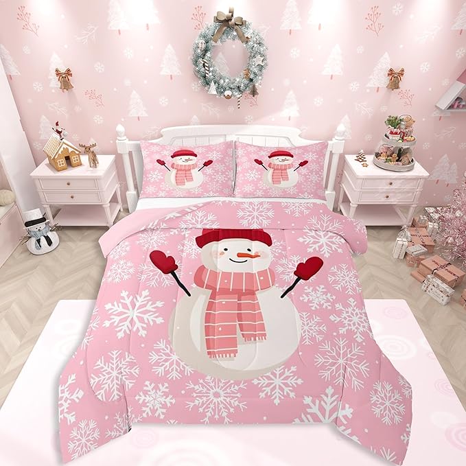 Feelyou Christmas Bedding Set Soft for Boys Girls, Snowman Pink Comforter Set Toddler Size Xmas Snowflakes Duvet Quilt Microfiber Winter Snow Bedroom Decor 2 Pcs with 1 Pillow Cases