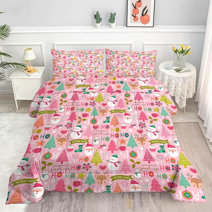 Pink Christmas Comforter Set: Full Size Cartoon Xmas Snowman Bedding Sets Cute Santa Claus Christmas Tree Elk 3 Piece Quilt Bed Set 1 Comforter & 2 Pillowcases