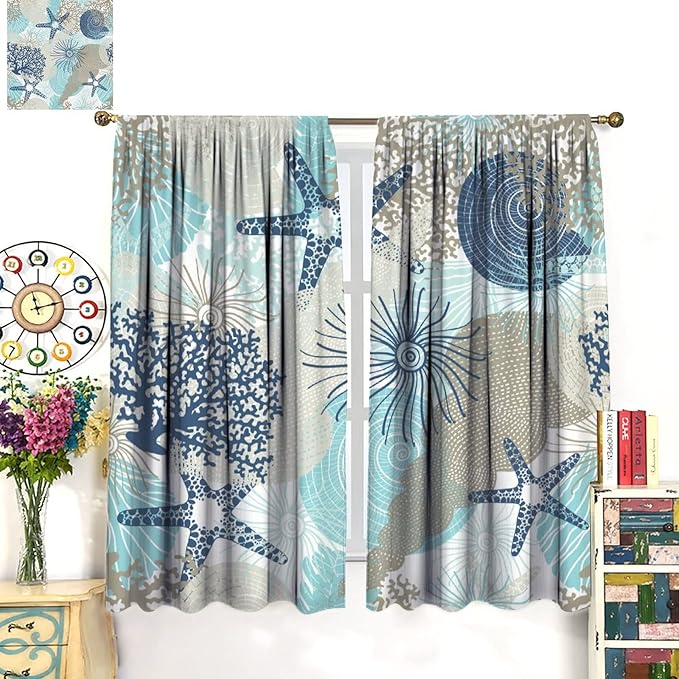 Coastal Curtains Ocean Beach Themed Room Darkening Window Curtain Nautical Coral Blackout Curtain for Bedroom Living Room Bathroom Nursery Set 2 Panels,72x63 Inches