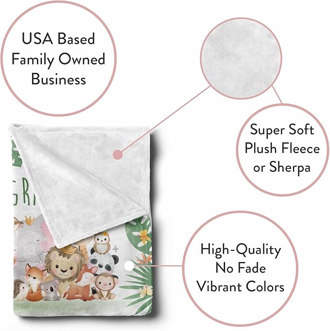 Personalized Baby Blankets with Name | Custom Animal Newborn Blanket for Baby Girl and Baby Boy | Unisex Warm Soft Sherpa Swaddle Blanket Minky | (Group Animals, Sherpa 50"x60")
