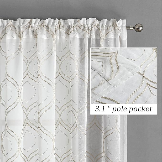 VISIONTEX Moroccan Embroidered White Sheer Curtains Panels, Decor French Textured Rod Pocket Voile Tulle Semi Window Trellis Drapes for Bedroom, Set of 2, 54 x 108 inch, Light Brown