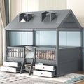 Merax Full Size Wood House Bed Frame with Full-Length Fence and 4 Storage Drawers, Kids Playhouse Tent Bed with Roof and 2-step Ladder for Children Boys Girls Teens Bedroom, No Box Spring Needed, Gray