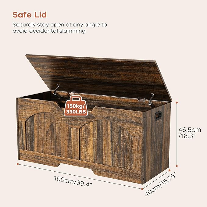 Storage Bench, 39.4" Retro Storage Trunk, Storage Chest with 2 Safety Hinges, U-Shaped Cut-Out Pull, Farmhouse Style, 39.4" x 15.7" x 18.3", Entryway Storage Bench, Supports 330 lb, Rustic Brown
