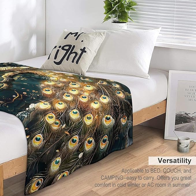 Peacock Blanket Gold Peacock Gifts for Girls Boys Woman Kids Lover Throw Blankets Soft Blanket Warm Fleece Flannel Plush Blankets for Bed Sofa Couch 40"x50"