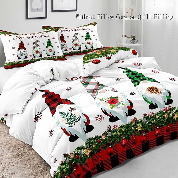 LUVIVIHOME 3PCS Christmas Gnome Duvet Cover Full, Christmas Bedding, White Duvet Cover, Holiday New Year Santa Claus Snowflake Black Red Checkered Buffalo Plaid Comforter Quilt Cover, 2 Pillow Cases