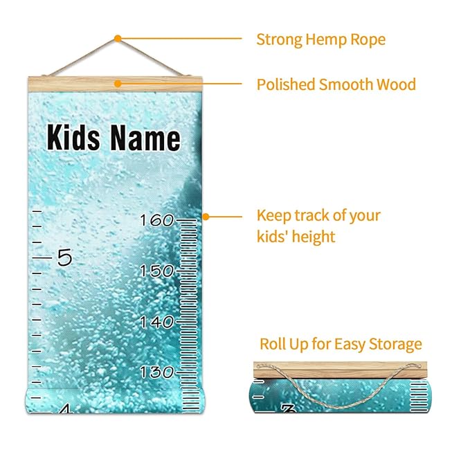 Personalized Kids Name Growth Chart Ruler for Wall Wood Frame Height Measure Chart 13.4x56 in Linen Hanging Height Growth Chart Funny Polar Bear Swimming Kids Room Decor