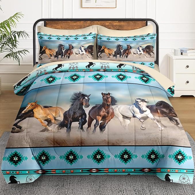 5 Pcs Twin Size Comforter Set with Pillowcase & Sham, Horses Western Bedding for Kids and Adults, Tribal Sunset Run Bed in a Bag with Flat Fitted Sheet