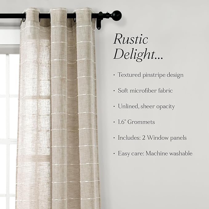 Lush Decor Farmhouse Textured Grommet Sheer Window Curtain Panel Pair, 38"W x 108"L, Neutral