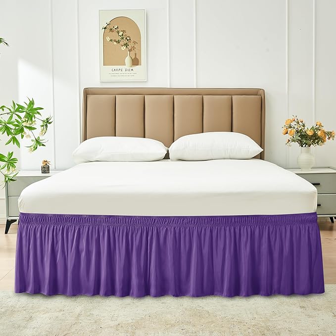Biscaynebay Wrap Around Bed Skirts for Twin & Twin XL Beds 15" Drop, Purple Adjustable Elastic Dust Ruffles Easy Fit Wrinkle & Fade Resistant Silky Luxurious Fabric Machine Washable
