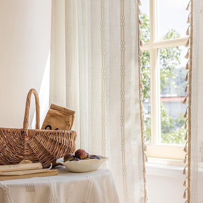 ENJOYBRIDAL Off White Curtains 63 Inch Length 2 Panels Boho Semi Sheer Drapes Cream Embroidered Tassel Rod Pocket Short Hollow Window Curtain Panels Farmhouse Window Treatment for Bedroom Living Room