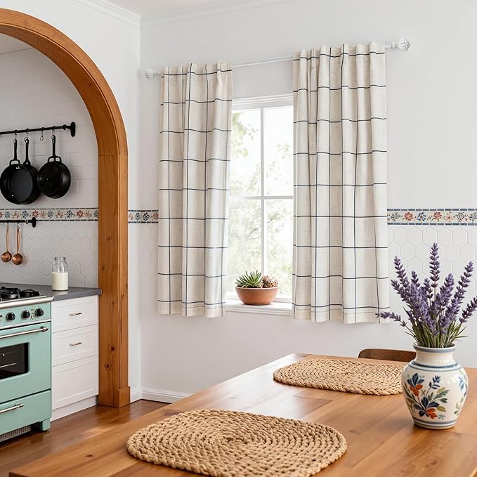 MYSKY HOME 100% Blackout Plaid Linen Curtains 45 Inches Long Double Layer Farmhouse Thermal Insulated Checkered Print Drapes with Back Tab Rod Pocket for Bedroom, 2 Panels, 52" Wide, Navy Blue