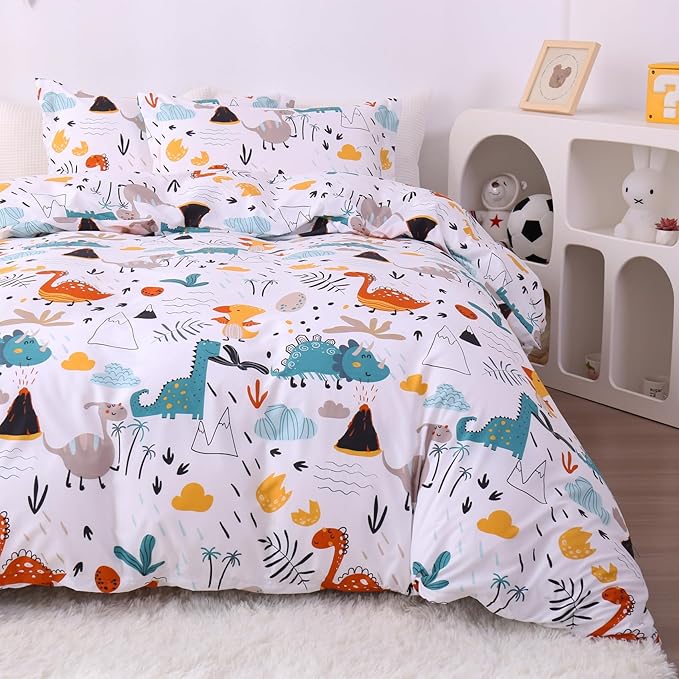 JSD Dinosaur Kids Duvet Cover Set Full Size, 3 Piece Soft Printed Microfiber Bedding Comforter Cover with Pillow Shams Zipper Closure, Comforter Not Included
