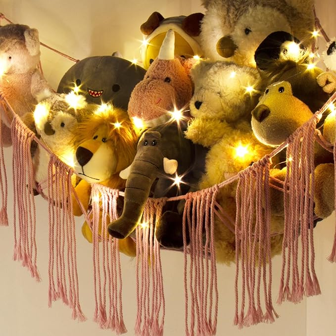 Stuffed Animal Hammock Corner Net with LED Light - Toy Storage Holder - Pink Cute Room Bedroom Decor for Teen Girls - Cute Bedroom Aesthetic Stuff for Baby Nursery Toddler Kids 8-10 - 12 Years Old