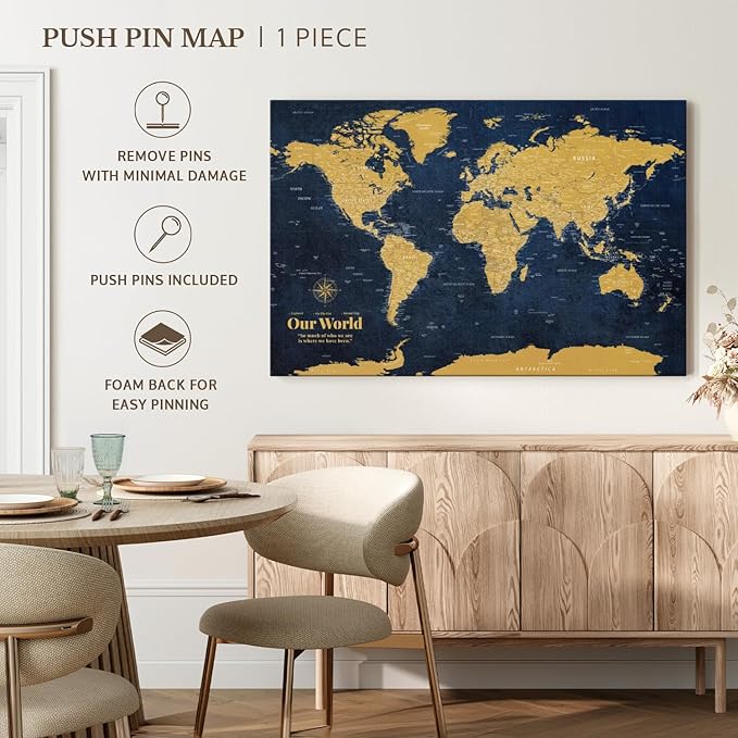 ElephantStock - Personalized Push Pin World Map - Gold Wall Art - Horizontal Canvas Wall Art - Living Room Wall Decor - Digital Art Map Canvas Art - Orange And Blue Decor - 45" x 30"