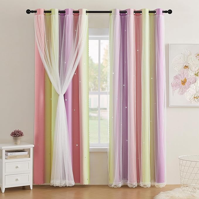 XiDi Pink Yellow Purple 90 Inches Curtains for Girls Bedroom 2 Panels Set, Blackout Rainbow Curtains for Kids Room Decor, Unicorn Wall Decals Drapes for Little Girl Nursery Room 34 Inches Wide